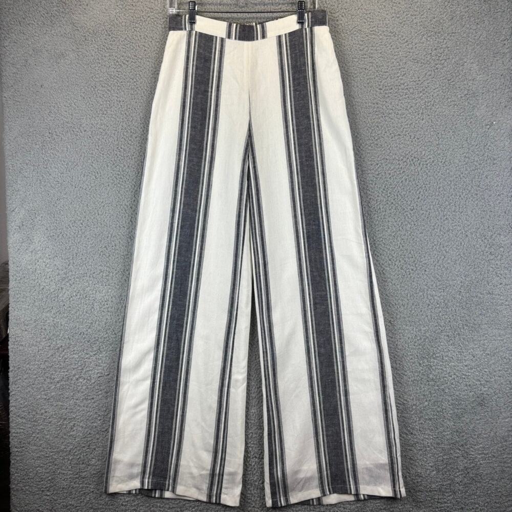 Lavender Brown Linen Pant Medium Wide Leg Beachy Coastal  Nautical Striped Lined